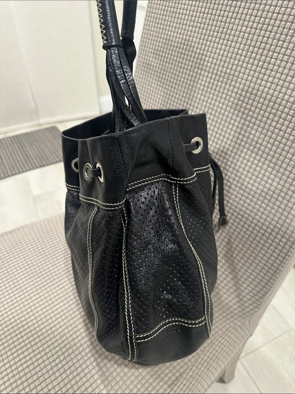 Prada vintage  Black Drawstring Shoulder Bag with Contrast Stitching